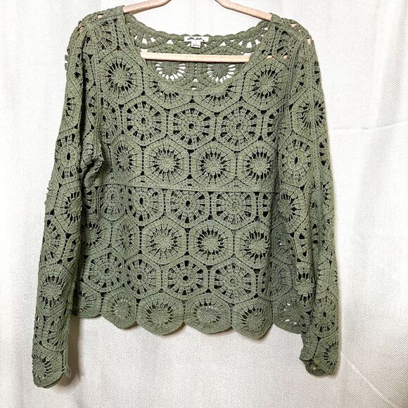 Boho Sage Crochet Knit Top Long Sleeve 100% Cotton Festival Peasant Blouse L - Picture 2 of 10